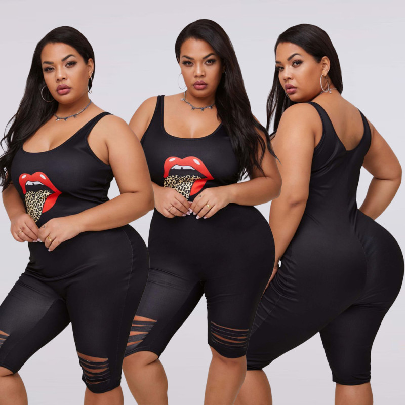 Sexy Lips Printed Suspender Plus Size Hole Jumpsuit LSN759