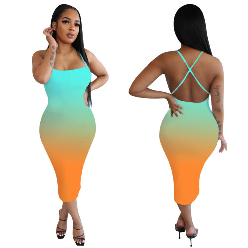 Sexy Gradient Color Backless Suspender Bodycon Midi Dress NK143