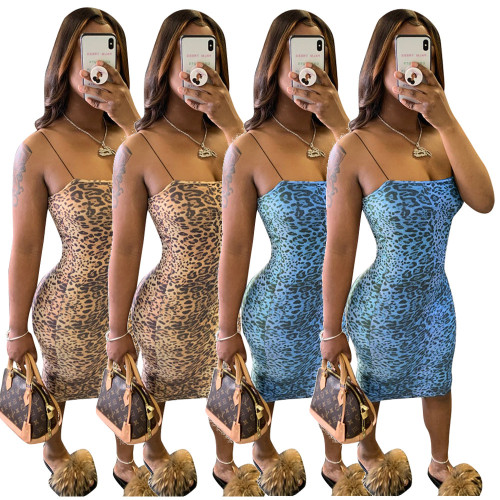 Sexy Leopard Printed Suspenders Backless Bodycon Dress JH174