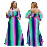 Fashion Plus Size Multicolor Stitching Off Shoulder Loose Long Dress YF1180