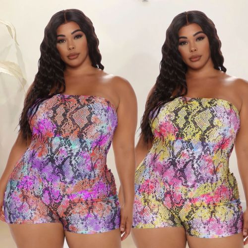 Sexy Printed Strapless Backless Large Size Bodycon Jumpsuit XM1127