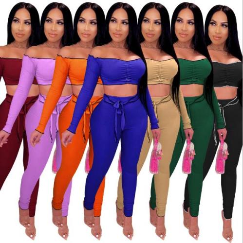 Sexy Off Shoulder Long Sleeves Waistless Pleated Mini Top Trousers Two Piececs Sets ZSC0300