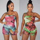 Sexy Butterfly Printed Suspender Backless Lace-Up Bodycon Jumpsuit KA7100