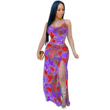 Women's digital printing sexy sling split open back cross strap long dress XZ3644