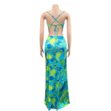 Women's digital printing sexy sling split open back cross strap long dress XZ3644