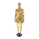 Women's fashion casual gold velvet tie-dye drawstring pleated suit two-piece suit W8317