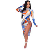 Women's clothing digital printing long sleeve slit cutout sexy dress S6236