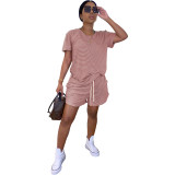 Fashion casual round neck short sleeve striped printed top and shorts two-piece suit WY6708
