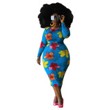 Plus size Womens printed long-sleeved dress (without belt) J6019