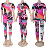 Sexy V-neck T-shirt Printed casual two-piece nightclub clothes F194