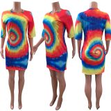 Tie-dye whirlpool sun flower positioning printing dress HR8127