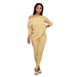 Sweater fabric solid color round neck side off-shoulder loose casual two-piece suit HR8132