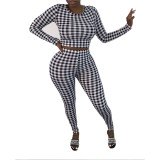 Ladies' Feature Plaid Print Round Neck Long Sleeve Trousers Ladies Casual Sports Base Set KZ156