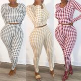 Ladies' Feature Plaid Print Round Neck Long Sleeve Trousers Ladies Casual Sports Base Set KZ156