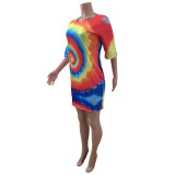 Tie-dye whirlpool sun flower positioning printing dress HR8127