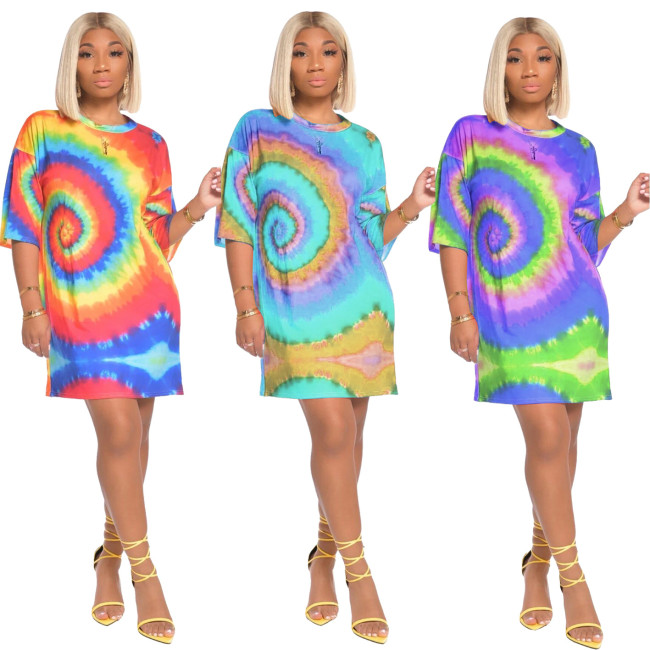 Tie-dye whirlpool sun flower positioning printing dress HR8127