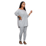 Sweater fabric solid color round neck side off-shoulder loose casual two-piece suit HR8132