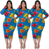 Plus size Womens printed long-sleeved dress (without belt) J6019