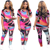Sexy V-neck T-shirt Printed casual two-piece nightclub clothes F194