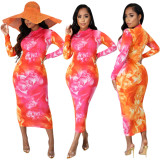 Womens new flower digital printing dress long skirt mid-length skirt YZ510