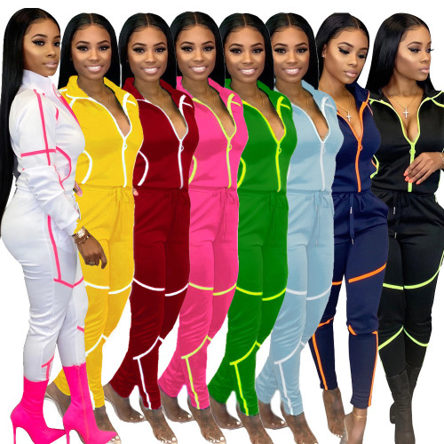Sexy Womens long-sleeved trousers feature stitching solid color ladies casual sports suit KZ145