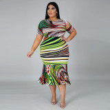 Women's hot sale digital printing striped plus size dress autumn YFS1250