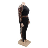 Pants suit + round neck leopard pattern stitching top women's spot YFS1254