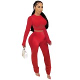 Women's fashion net yarn stitching exposed umbilical trousers pleated leisure two-piece suit WJ5106