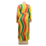 Rainbow sexy V-neck plus size dress with big swing skirt YFS1258