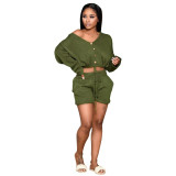 V-neck pullover sweater lace-up shorts two-piece suit MA6589