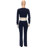 Fashion casual solid color stitching U-neck slim long-sleeved top loose trousers sports two-piece suit SM9102