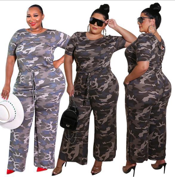 Camouflage print casual wide-leg jumpsuit plus size women's jumpsuit OSS20779