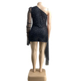 Slanted shoulder gauze bronzing pleated dress dress plus size women's clothing YFS1227
