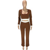 Fashion casual solid color stitching U-neck slim long-sleeved top loose trousers sports two-piece suit SM9102