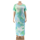 Tie-dye printed side pockets V-neck looser plus size women's dress OSS20826