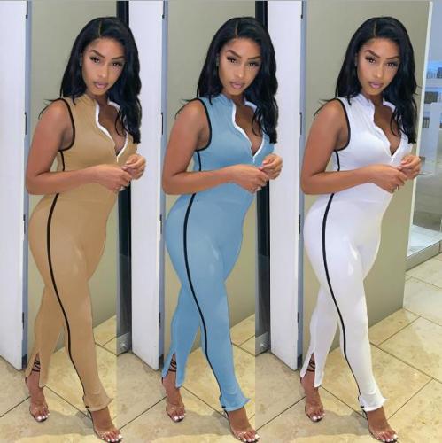 Fashion casual sexy solid color zipper trouser slit sleeveless slim high waist sports jumpsuit SM9106