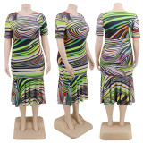 Women's hot sale digital printing striped plus size dress autumn YFS1250