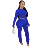 Women's fashion net yarn stitching exposed umbilical trousers pleated leisure two-piece suit WJ5106