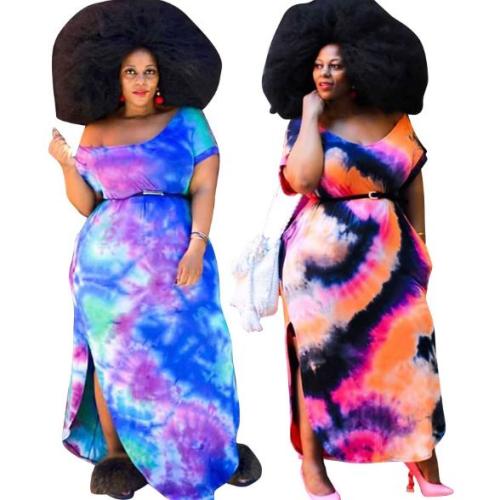 Large round neck slit tie-dye printing loose long dress plus size women's dress OSS20857