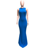 Hang strip solid color sleeveless round neck long skirt dress women BBN095