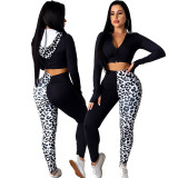 Tight-fitting long-sleeved hat cardigan leopard stitching casual sports suit ME2870