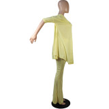 Solid color slit v-neck bat sleeve flared pants two-piece suit LML155