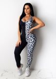 Leopard print color-blocking vest sports jumpsuit trousers women ME2869