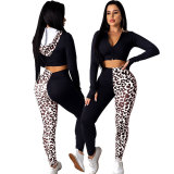Tight-fitting long-sleeved hat cardigan leopard stitching casual sports suit ME2870