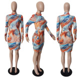 Casual fashion long sleeve round neck print dress TC018