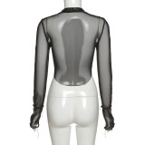 Women's long-sleeved V-neck fashion street style sexy see-through mesh slim T-shirt T1737859