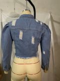 Short frayed denim jacket women puff sleeve denim jacket CJ911-02