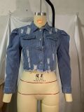 Short frayed denim jacket women puff sleeve denim jacket CJ911-02