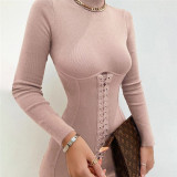 Fall/winter women's round neck long-sleeved strap slim dress women D1738032