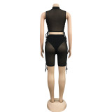 Fashion leisure nightclub women's see-through webbing bandage mesh two-piece suit XZ3649